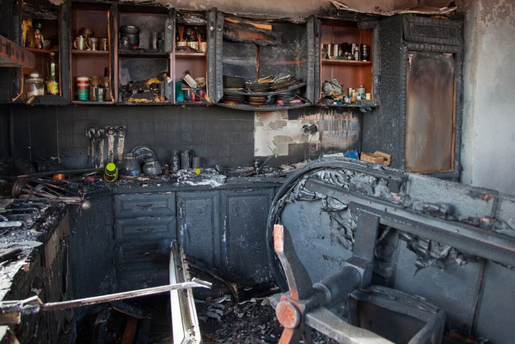 This is a burned down kitchen, most likely due to a stove being left on