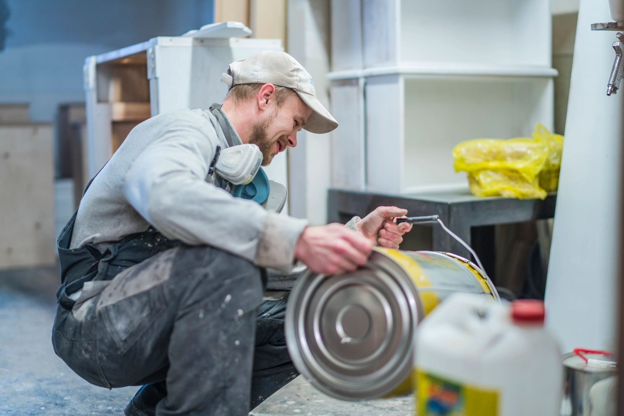 Technician preparing materials and equipment for restoration work